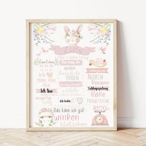 Meilensteintafel 1. Geburtstag, Meilensteinposter Baby, Geburtstagsposter A4, Geschenk  zur Geburt, Mädchen Hase, Poster zum 1. Geburtstag