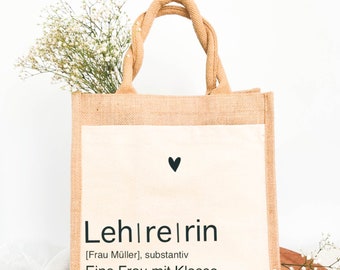 personalisierte Jute Tasche Lehrerin, "Eine Frau mit Klasse", Abschiedsgeschenk Lehrerin, Schulabschluss Geschenk Lehrerin