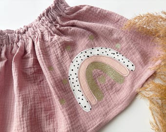 Musselinrock Mädchen Glitzer, Regenbogen, Kinderrock Musselin,  Mädchenrock altrosa, Geburtstagsoutfit Mädchen, Outfit Taufe, Einschulung