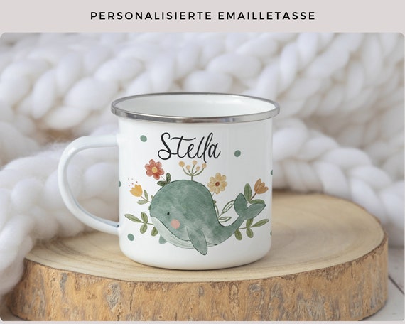 Emaille Tasse, Kinderbecher mit Namen, Tasse Wal personalisiert, Kindertasse, Kindergarten, Tasse Kinder