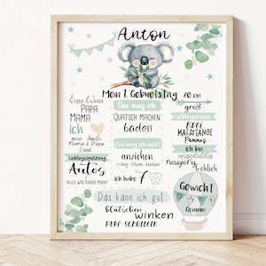 Meilensteintafel 1. Geburtstag, Meilensteinposter personalisiert Baby, Geburtstagsposter A4, Geschenk  zur Geburt, Baby Koala,