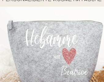 Abschiedsgeschenk Hebamme, Hebamme mit Herz Tasche, personalisierte Kosmetiktasche Hebamme, Dankeschön Hebammen