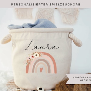 Spielzeugkorb personalisiert, Aufbewahrungskorb Kinder mit Namen, Kinderzimmerdeko Mädchen Regenbogen, Aufbewahrungskorb Spielsachen