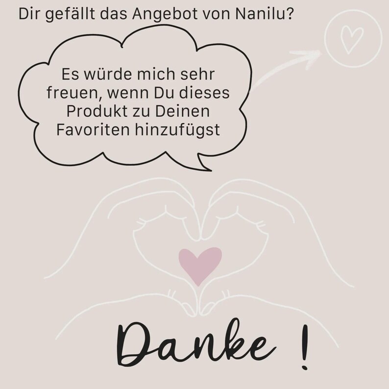 May include: A light beige graphic with the text "Dir gef&auml;llt das Angebot von Nanilu?" and a speech bubble with German text. Below, hands form a heart shape with a pink heart in the center, and the word "Danke!" is written below.