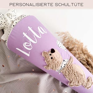 personalisierte Schultüte aus Stoff, Kindergartentüte, Schultüte Stoff Mädchen, Einschulung Geschenk, Geschwistertüte mit Namen, Bär lila