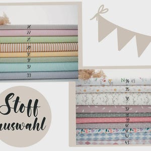 Peut inclure: Une s&eacute;lection de rouleaux de tissu aux couleurs et motifs vari&eacute;s, dont des rayures et des motifs floraux. L'image comprend le texte "Stoffauswahl" et des num&eacute;ros pour les options de tissu.