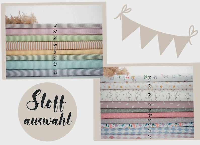 Peut inclure: Une s&eacute;lection de rouleaux de tissu aux couleurs et motifs vari&eacute;s, dont des rayures et des motifs floraux. L'image comprend le texte "Stoffauswahl" et des num&eacute;ros pour les options de tissu.