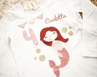 T-shirt d'anniversaire personnalisé pour enfant avec nom et âge, motif sirène, idéal pour les 1 à 9 ans, en coton bio.