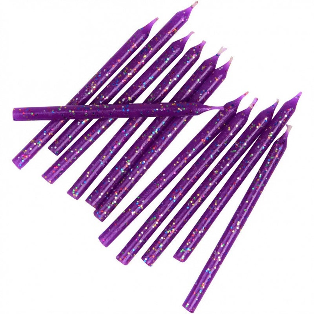 12x Purple Glitter Candles, Birthday Candles Rainbow Birthday Theme Purple Unicorn Glitter