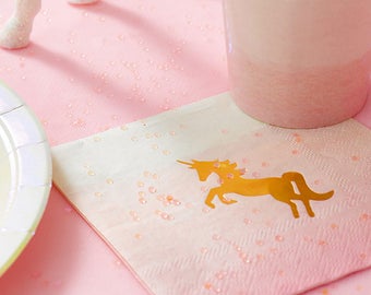 16 x unicorn napkins, unicorn party, pink and gold, pink ombre, cocktail serviettes, rainbows and unicorn, pink party, gold foil tableware