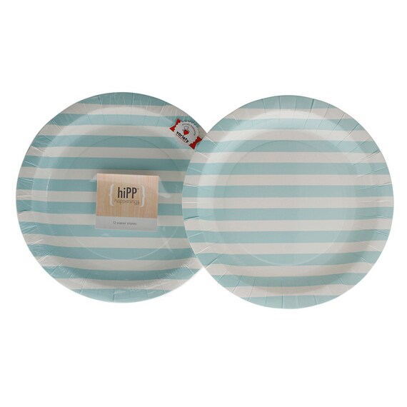 blue and white striped paper plates