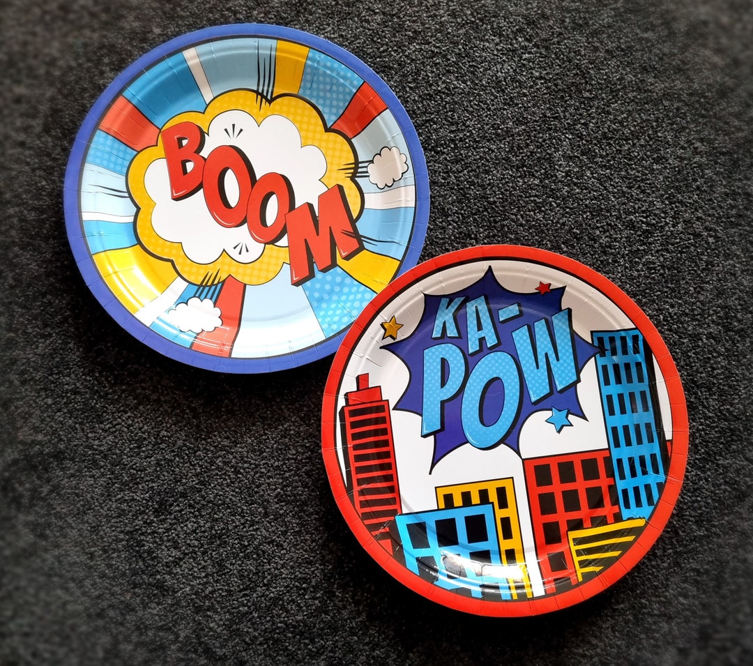 Superhero Party Plates Hero Birthday Paper Plates Comic Party Batman Boy Birthday Red and Blue