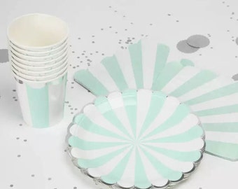 Baby shower Mint paper plates party pack mint stripe tableware plates mint birthday, paper party plates cake plates striped disposable