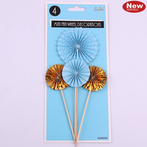 4x Blue And Gold Mini Fan Cake Toppers Fan Cake Topper Boy Etsy