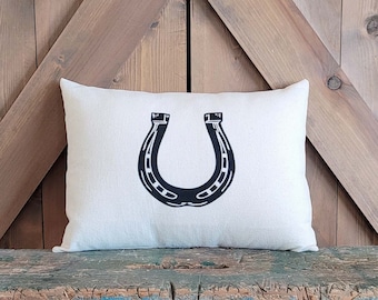 Equestrian Pillow Cover fits Lumbar 12 x 16 pillow- handprinted horse shoe- Choose Cover Only or with Pillow Form Lumbar Pillow