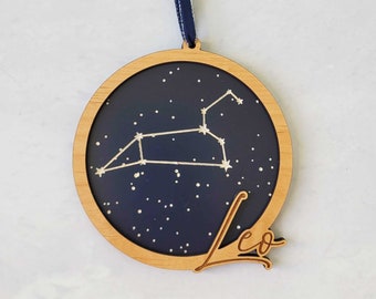 LEO Constellation - Zodiac Ornament- Wooden Christmas Ornament - with optional personal message on back.