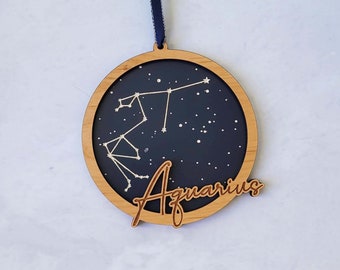 AQUARIUS Constellation - Zodiac Ornament- Wooden Christmas Ornament - with optional personal message on back.