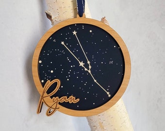 CUSTOM NAME Constellation - Zodiac Ornament- Wooden Christmas Ornament - with optional personal message on back.