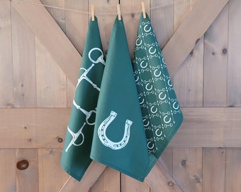 Gift Set of 3- Dark Green Equestrian Kitchen Towel- Linen Cotton Canvas Equestrian Kitchen Towel- Gifts for Horse Owners- Horse Lover Gifts