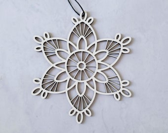 Large 5 inch Wooden Snowflake Ornament- Design 1 in White