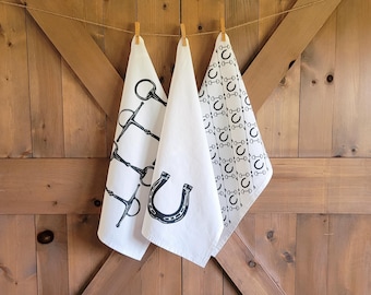 Gift Set of 3- Equestrian Kitchen Towel- Linen Cotton Canvas Equestrian Kitchen Towel- Gifts for Horse Owners- Horse Lover Gifts