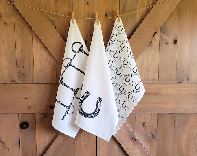 Featured listing image: Gift Set of 3- Equestrian Kitchen Towel- Linen Cotton Canvas Equestrian Kitchen Towel- Gifts for Horse Owners- Horse Lover Gifts