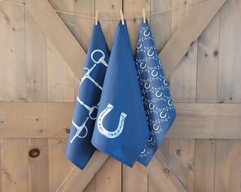 Gift Set of 3- Navy Equestrian Kitchen Towel- Linen Cotton Canvas Equestrian Kitchen Towel- Gifts for Horse Owners- Horse Lover Gifts