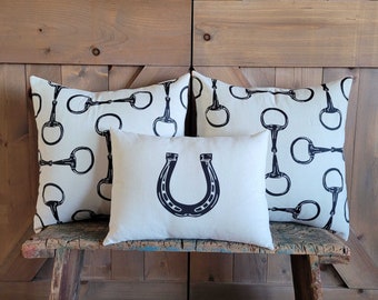 Equestrian Pillow Set of Three- hand-printed horseshoe and snaffle bits- by Red Maple Run