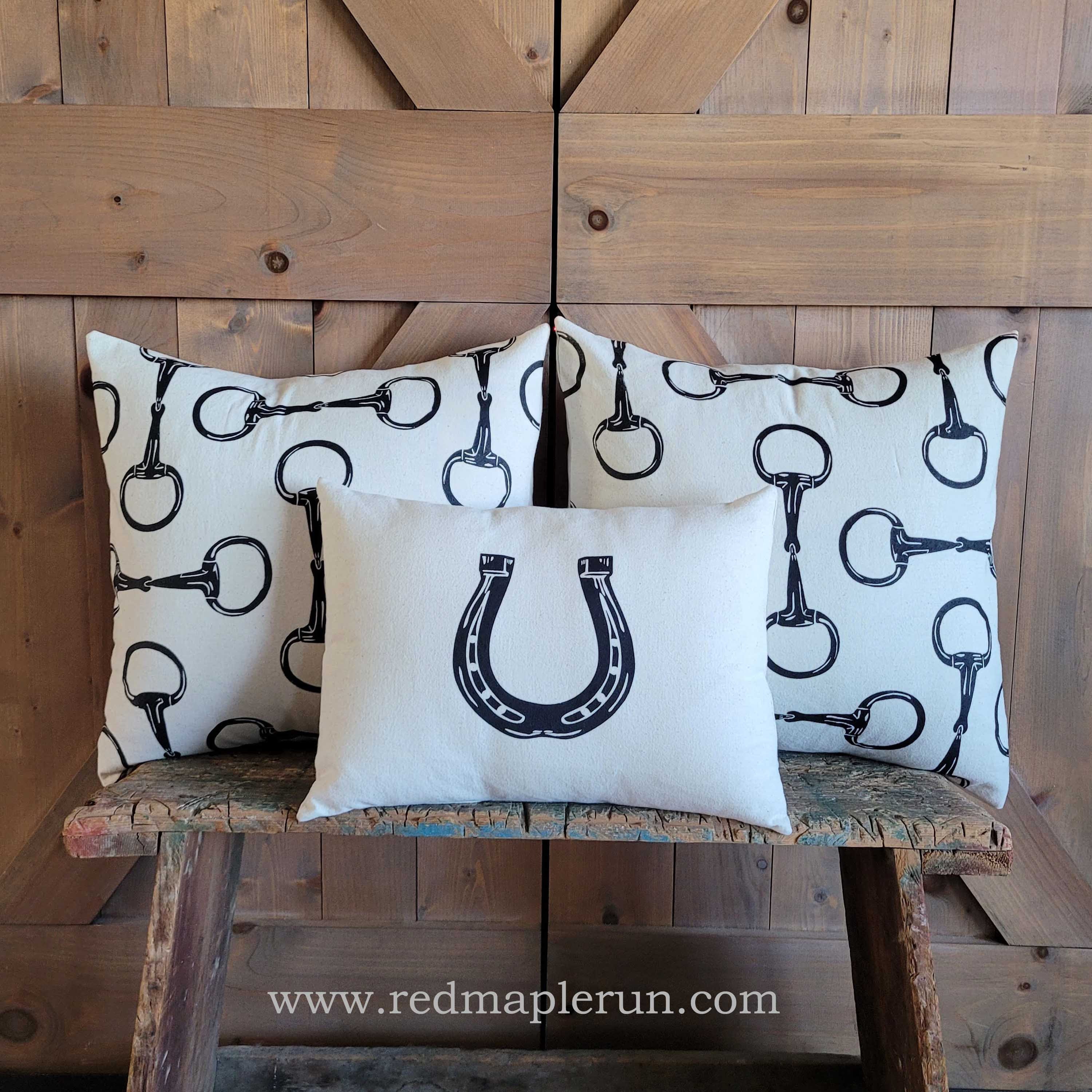 Equestrian Pillow Set of Three handprinted horseshoe and snaffle bits