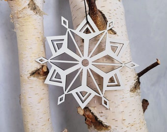 Large 5 inch Wooden Snowflake Ornament- Design 2 in white