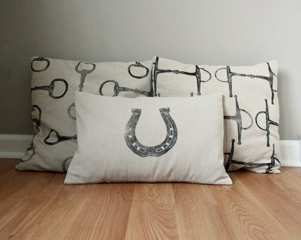 Equestrian Pillow Set of Three handprinted horseshoe and snaffle bits