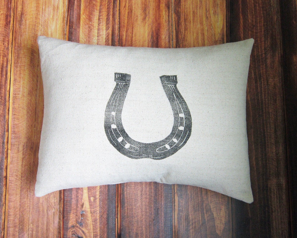 Equestrian Pillow Set of Three handprinted horseshoe and snaffle bits