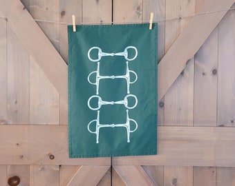 Dark Green Mixed Bit Kitchen Towel- Linen Cotton Canvas Equestrian Kitchen Towel- Gifts for Horse Owners- Horse Lover Gifts