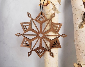 Large 5 inch Wooden Snowflake Ornament- Design 2 in walnut