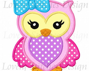 Diseño de bordado de búho con lazo, archivo de bordado de búho para niña, aplique de animal del bosque para niña, archivo de bordado a máquina