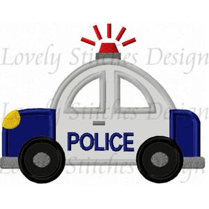 May include: A white and blue police car with a red light on top. The car has a black and gray tire on each side and the word "POLICE" printed in black on the side.