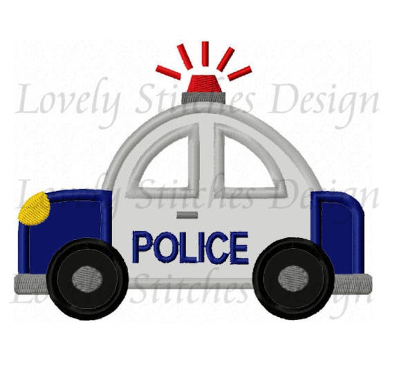 May include: A white and blue police car with a red light on top. The car has a black and gray tire on each side and the word "POLICE" printed in black on the side.
