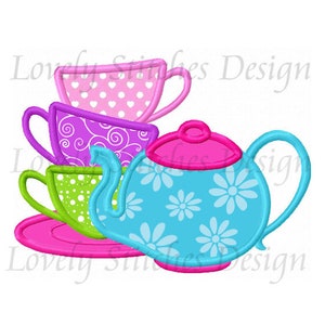 Applique motif de broderie Machine tasses et théière, fichier de point de l'heure du thé, broderie de décoration de cuisine, fichier de broderie tasse à thé vintage
