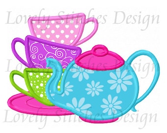 May include: A set of four colourful teacups and a teapot with a floral design. The cups are stacked on top of each other, with the teapot in front. The cups are pink, purple, green, and blue. The teapot is blue with pink accents.