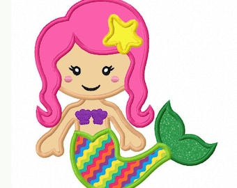 May include: A cartoon mermaid with pink hair, a yellow star on her head, a purple seashell bra, and a rainbow tail.