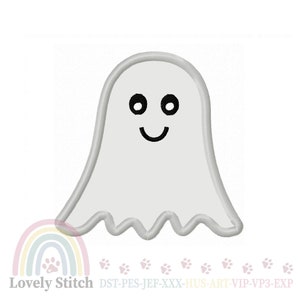May include: A white ghost design with a smiling face and a wavy bottom edge. The ghost has black eyes and a black curved mouth. The design is outlined in a light gray color. The text "Lovely Stitch" is at the bottom.