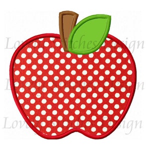 May include: Red apple with white polka dots and a green leaf. The apple is outlined in red.