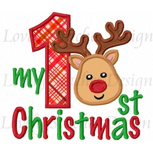 May include: A festive Christmas design featuring a reindeer head and the text "my 1st Christmas." The number "1" is red with a plaid pattern. The text is in green and red, perfect for holiday crafts and apparel.