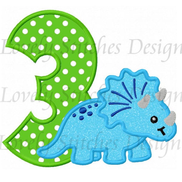 Dinosaur With Number 3 Applique Machine Embroidery Design NO:0491