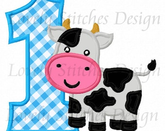 Cow Number 1 Birthday Applique Machine Embroidery Design NO:0270