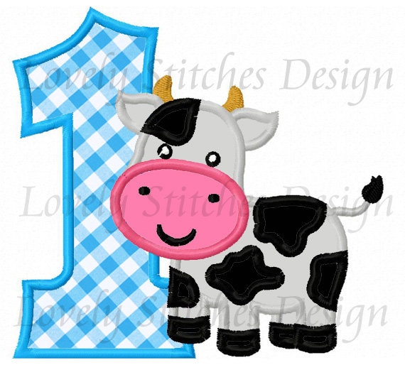 Cow Number 1 Birthday Applique Machine Embroidery Design | Etsy