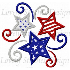 May include: Three red, white and blue stars with white, red and blue swirls. The stars are patterned with small stars and stripes.