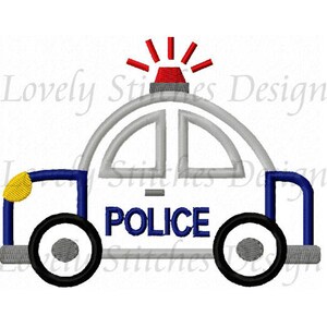 May include: A blue and gray cartoon police car with a red flashing light on top. The car has black wheels and the word "POLICE" printed on the side.