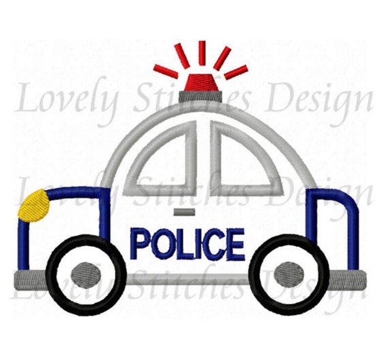 May include: A blue and gray cartoon police car with a red flashing light on top. The car has black wheels and the word "POLICE" printed on the side.