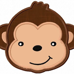 Puede incluir: Una cara de mono de dibujos animados marrón y beige con una gran sonrisa. El mono tiene ojos grandes y redondos y una pequeña nariz negra.